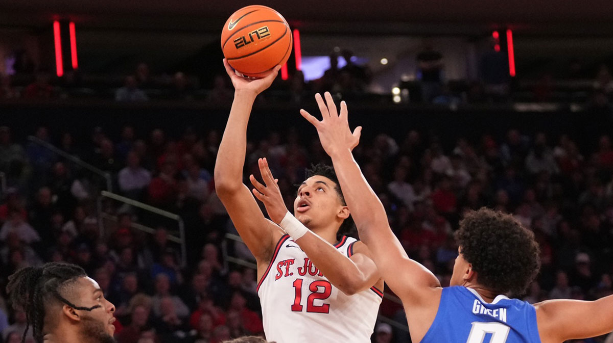 St. John's Red Storm guard RJ Luis Jr. (12) shoots against the Creighton Bluejays in the first half at Madison Square Garden. Mandatory Credit: Robert Deutsch-Imagn Images