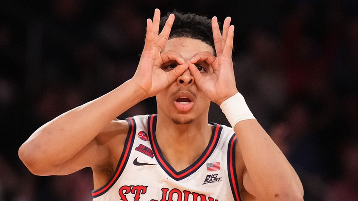  St. John's Red Storm guard RJ Luis Jr. (12) after hitting a three-point basket against the Creighton Bluejays in the second half at Madison Square Garden. Mandatory Credit: Robert Deutsch-Imagn Images