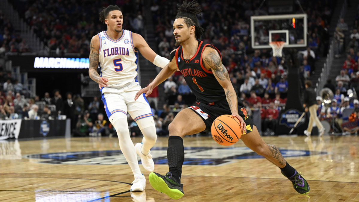 Maryland Terrapins guard Rodney Rice (1) drives to the hoop past Florida Gators guard Will Richard (5) during the second half during a West Regional semifinal of the 2025 NCAA tournament at Chase Center.