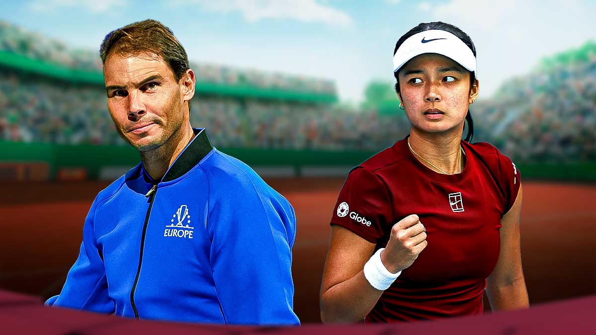 Rafael Nadal (in street clothes), smiling, next to WTA player Alexandra Eala