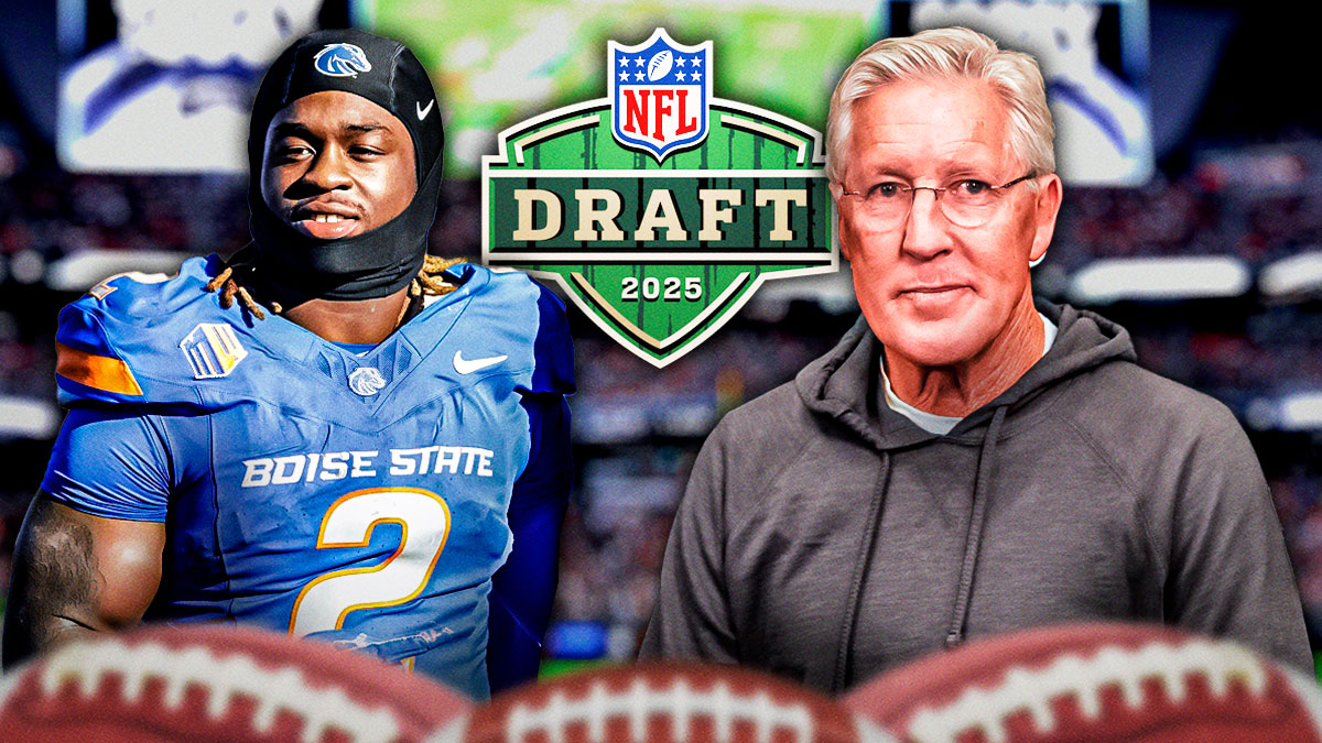 Raiders Pete Carroll and Boise State Ashton Jeanty with 2025 NFL Draft logo in background