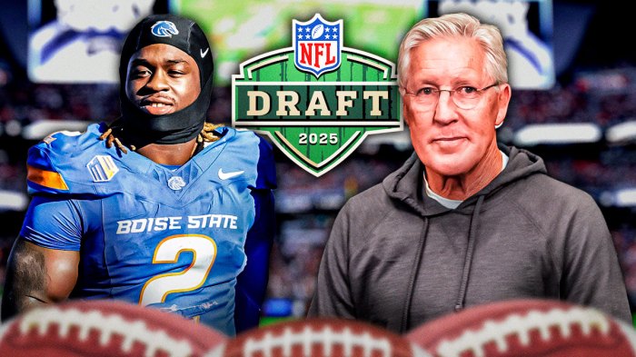 Raiders Pete Carroll and Boise State Ashton Jeanty with 2025 NFL Draft logo in background