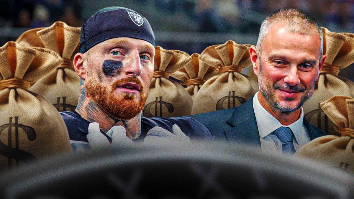 Raiders defensive end Maxx Crosby with general manager John Spytek with money bags around them.