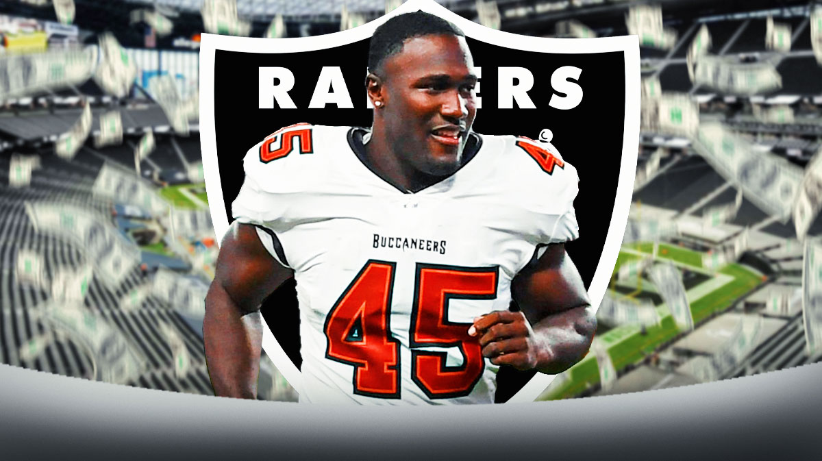 Raiders logo behind LB Devin White. Money falling from sky. Background is Allegiant Stadium.