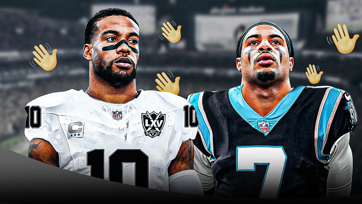 Jeremy Chinn in a Las Vegas Raiders uniform with hand waving emojis at Trevon Moehrig in a Carolina Panthers uniform as Chinn signed a contract with the raiders during free agency.