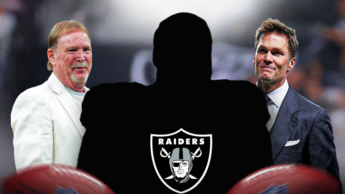 Mark Davis on the left. Tom Brady (in a suit please) on the right. A silhouette offensive lineman in the middle. Raiders logo at the top.
