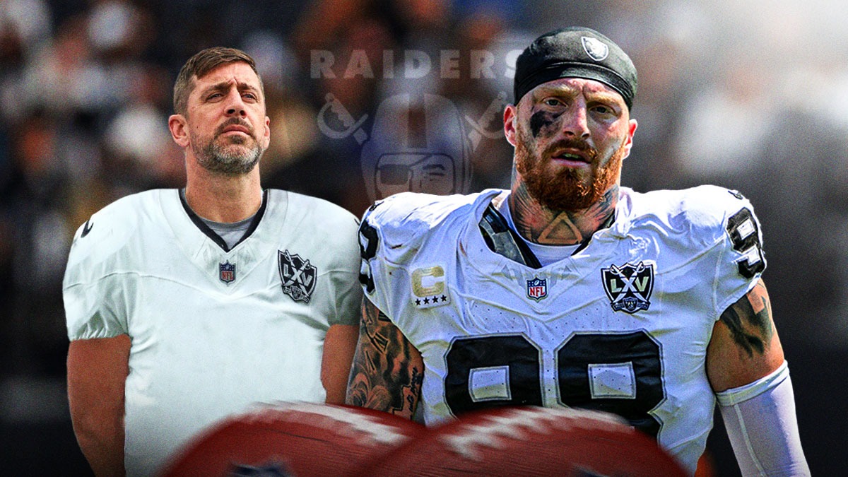 Maxx Crosby next to Aaron Rodgers wearing a Raiders jersey.