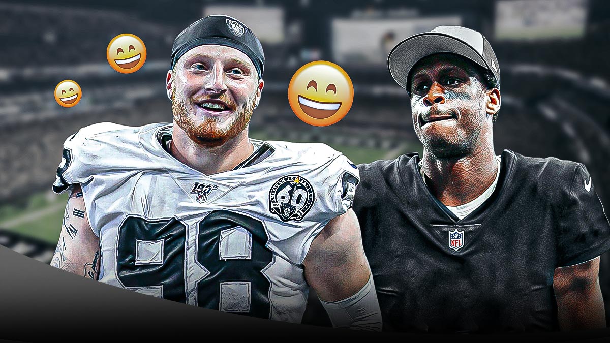 Maxx Crosby smiling and surrounded by happy faced emojis. Geno Smith next to him