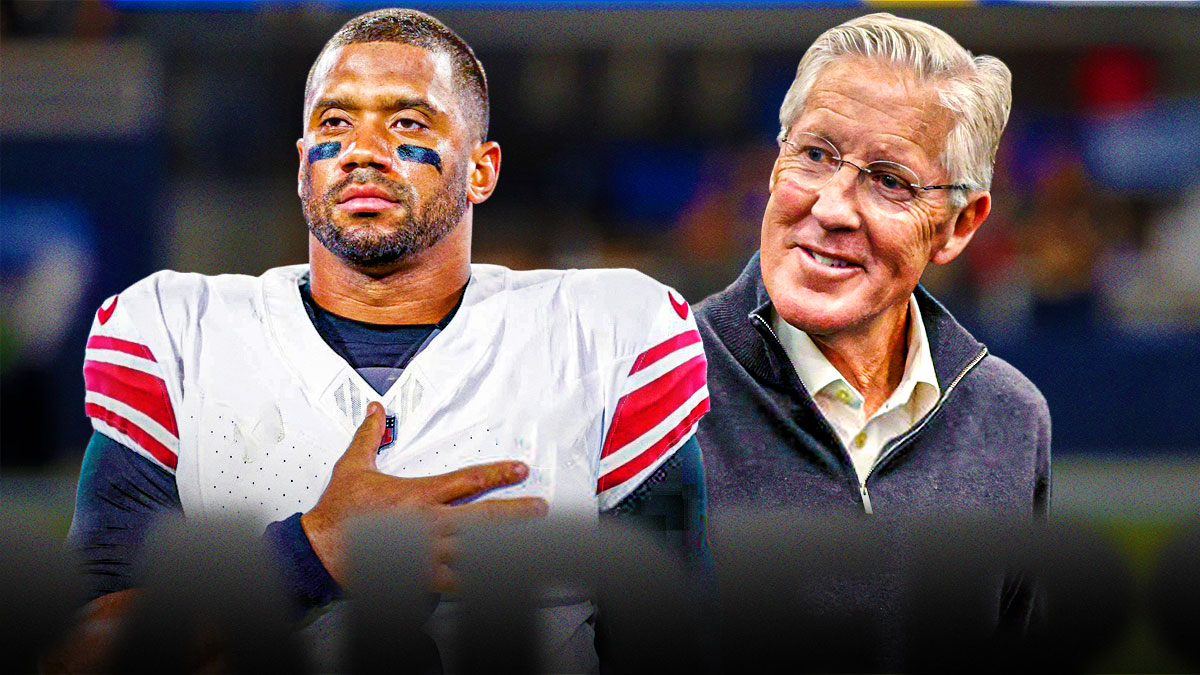 Pete Carroll in Raiders gear and Russell Wilson in a Giants jersey.
