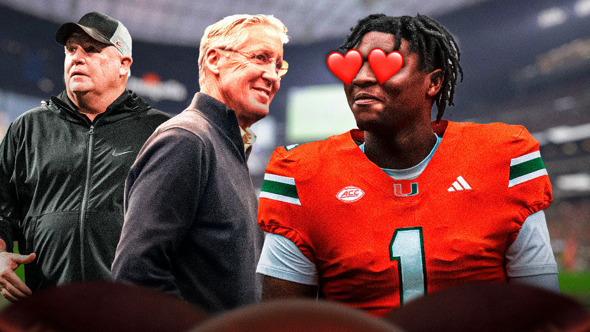 Cam Ward with hearts over his eyes and Pete Carroll and Chip Kelly next to him.