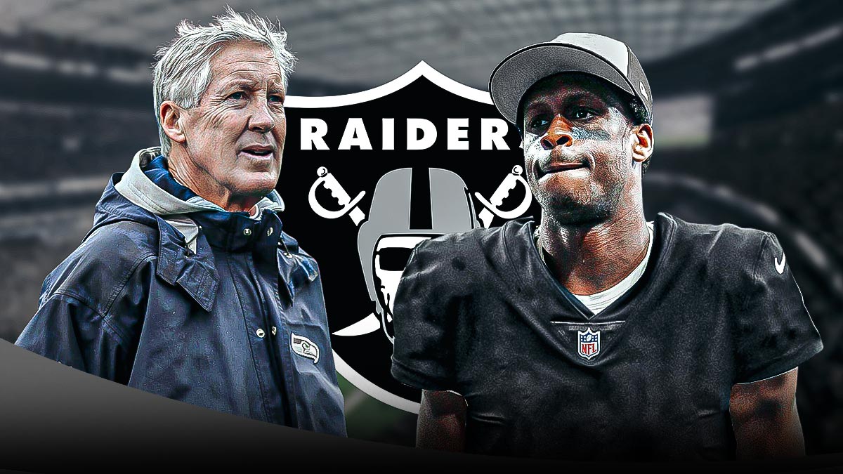 Raiders HC Pete Carroll and newly acquired QB Geno Smith (trade). Raiders logo in background. Background is Allegiant Stadium.