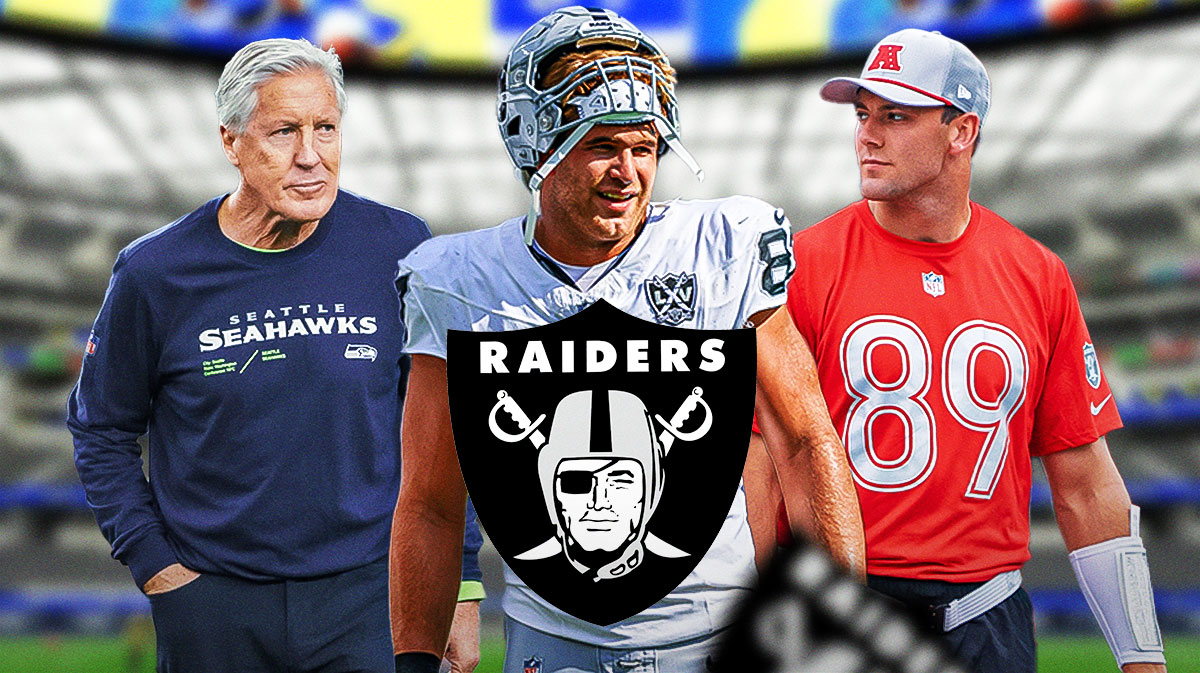 Pete Carroll next to Michael Mayer and Brock Bowers and Raiders logo.