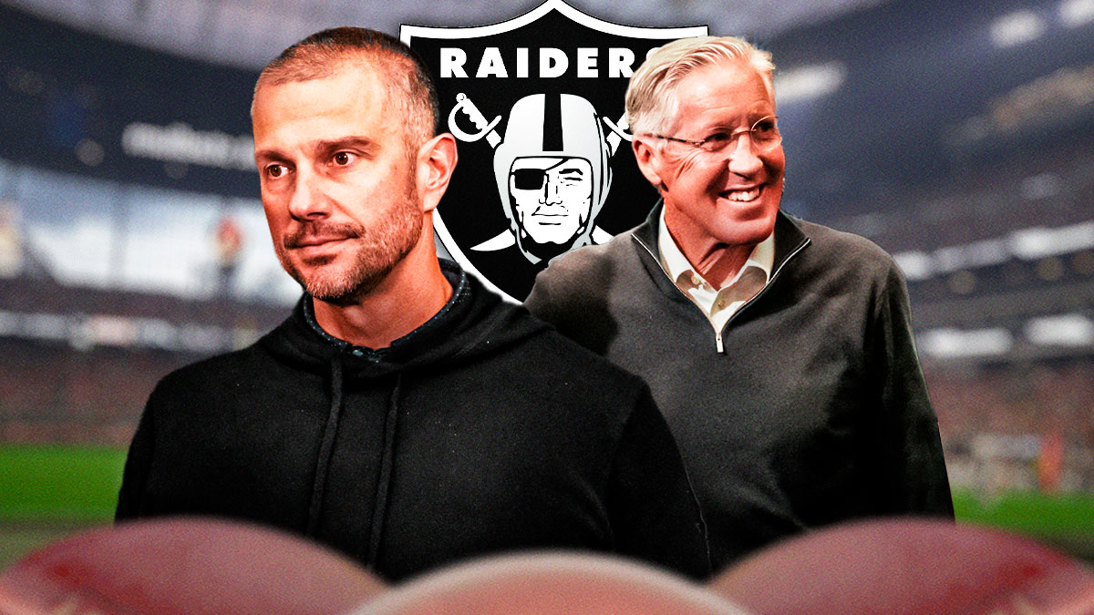 Raiders John Spytek and Raiders Pete Carroll with Las Vegas Raiders logo in NFL free agency