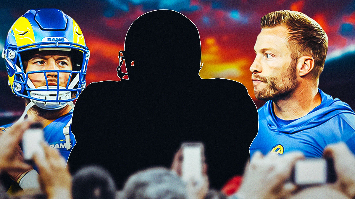 Matthew Stafford playing football on the left. Sean McVay looking serious on the right. A silhouette quarterback in the middle in between them