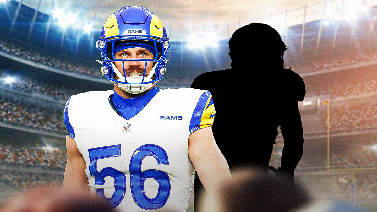Christian Rozeboom next to the blacked-out silhouette of Nate Landman in front of the Rams stadium.