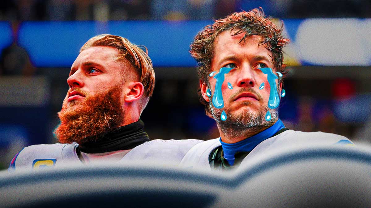 Matthew Stafford in a Rams jersey with a tear drop going down his eye, and Cooper Kupp standing next to him.