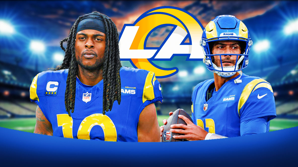 Jimmy Garappolo and Davante Adams both looking serious. LA Rams logo in between them.