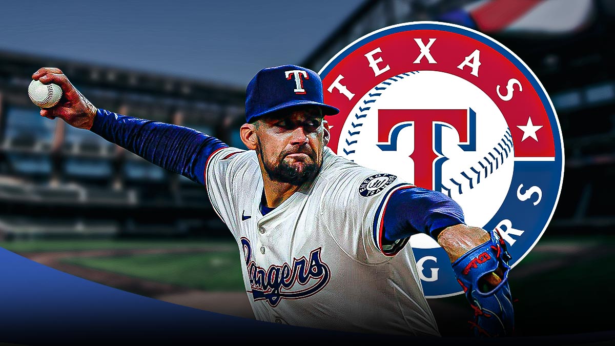 Featured Graphic idea: Image of Rangers Nathan Eovaldi throwing with fire emoji next to him. Rangers logo in background