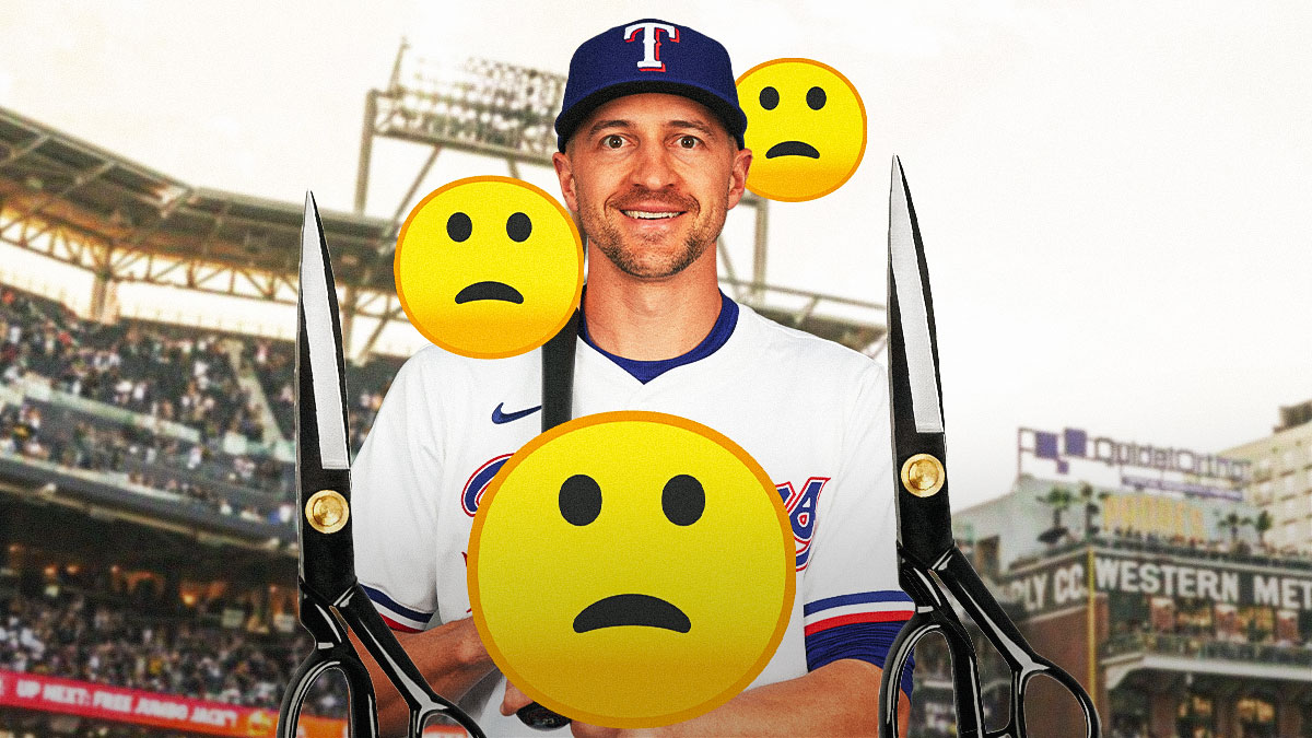 Nick Ahmed in a Rangers uniform standing next to a pair of scissors and a frowny face emoji