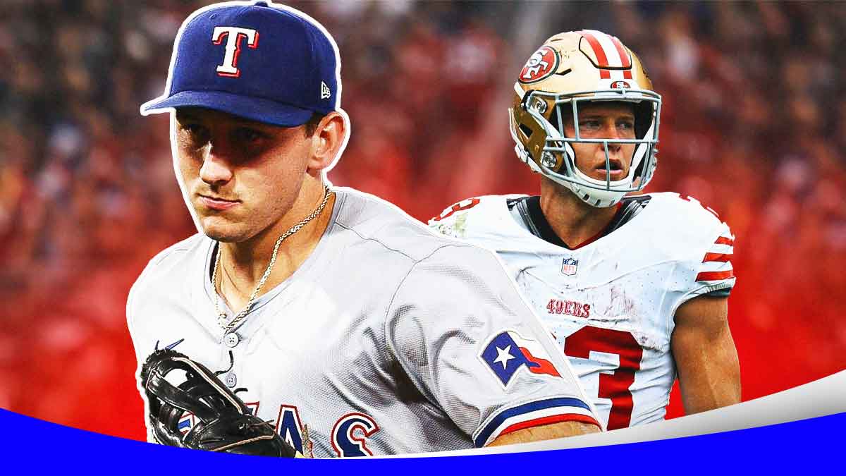 Wyatt Langford in a Texas Rangers uniform next to Christian McCaffrey in a San Francisco 49ers uniform as langford and the rangers spring training gets underway.