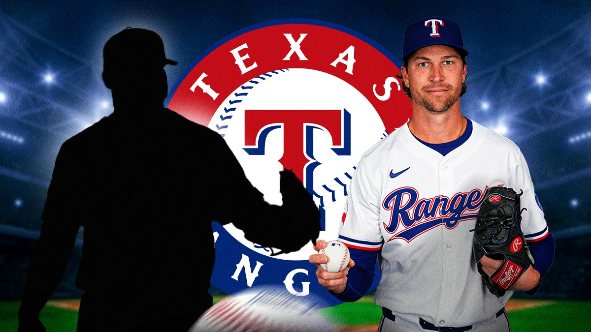 Jacob deGrom on right. Silhouette of Patrick Corbin on left. Texas Rangers logo behind them
