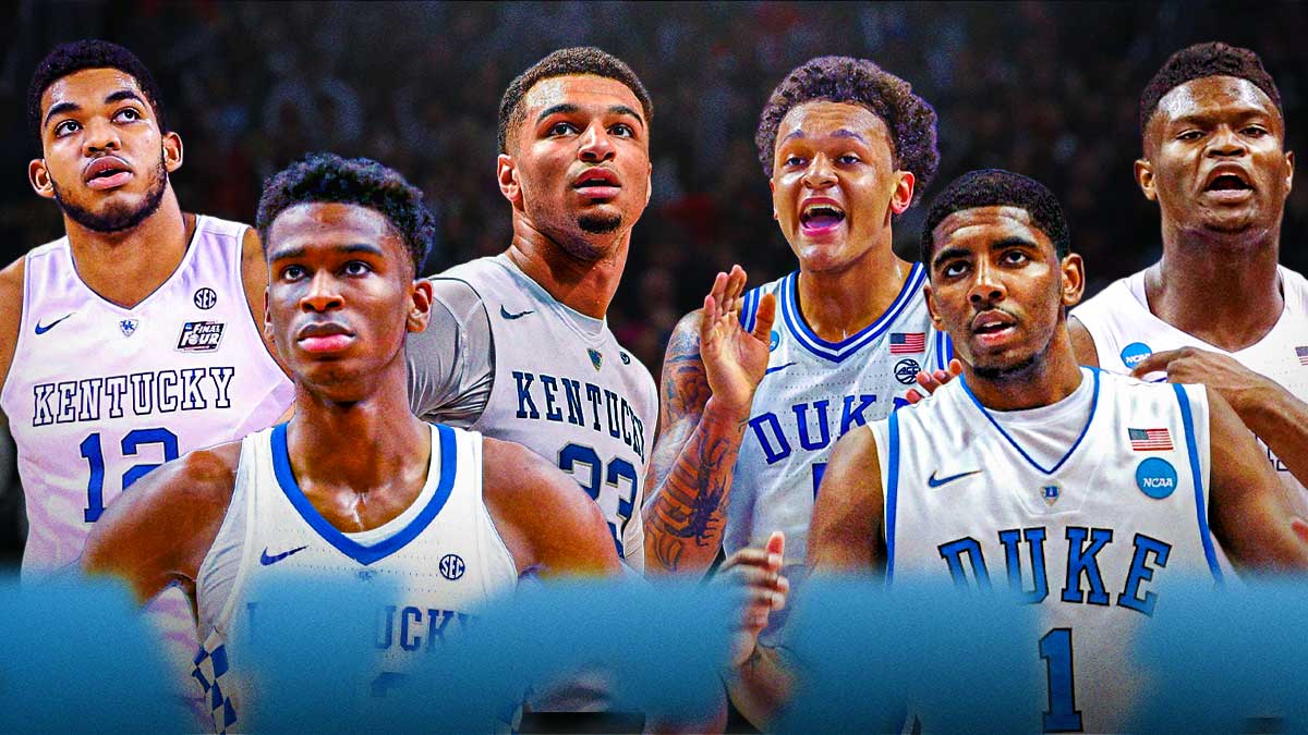 Shai-Gilgeous Alexander, Karl-Anthony Towns, and Jamal Murray in their Kentucky gear. Paolo Banchero, Zion Williamson, and Kyrie Irving in their Duke gear.
