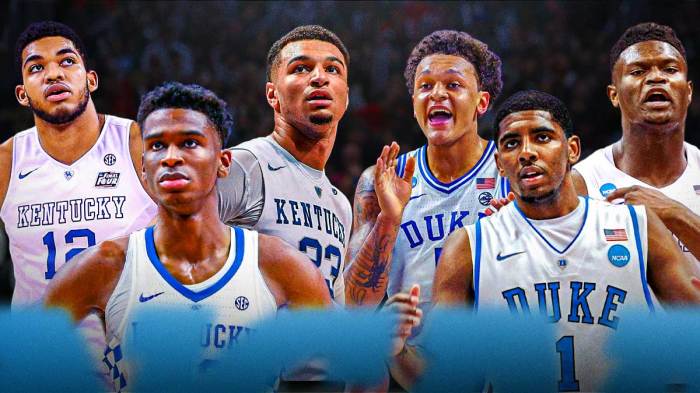 Shai-Gilgeous Alexander, Karl-Anthony Towns, and Jamal Murray in their Kentucky gear. Paolo Banchero, Zion Williamson, and Kyrie Irving in their Duke gear.