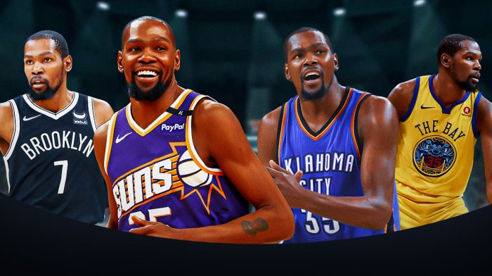 Kevin Durant playing for the Nets, Suns, Thunder, and Warriors.
