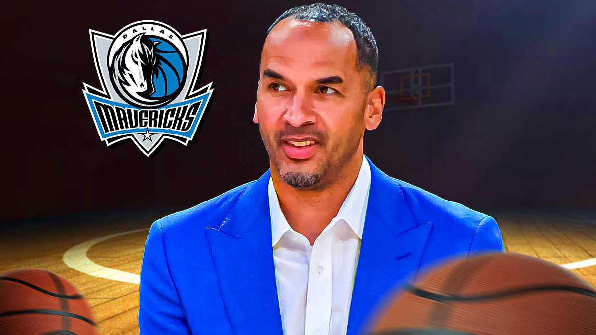 Nico Harrison with a Mavericks logo.