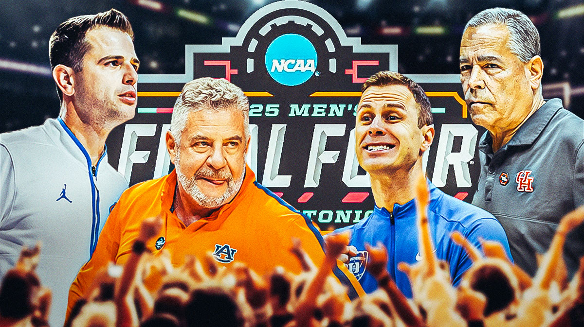 2025 Final Four logo in the middle with: Florida's Todd Golden and Auburn's Bruce Pearl on the left Houston's Kelvin Sampson and Duke's Jon Scheyer on the right