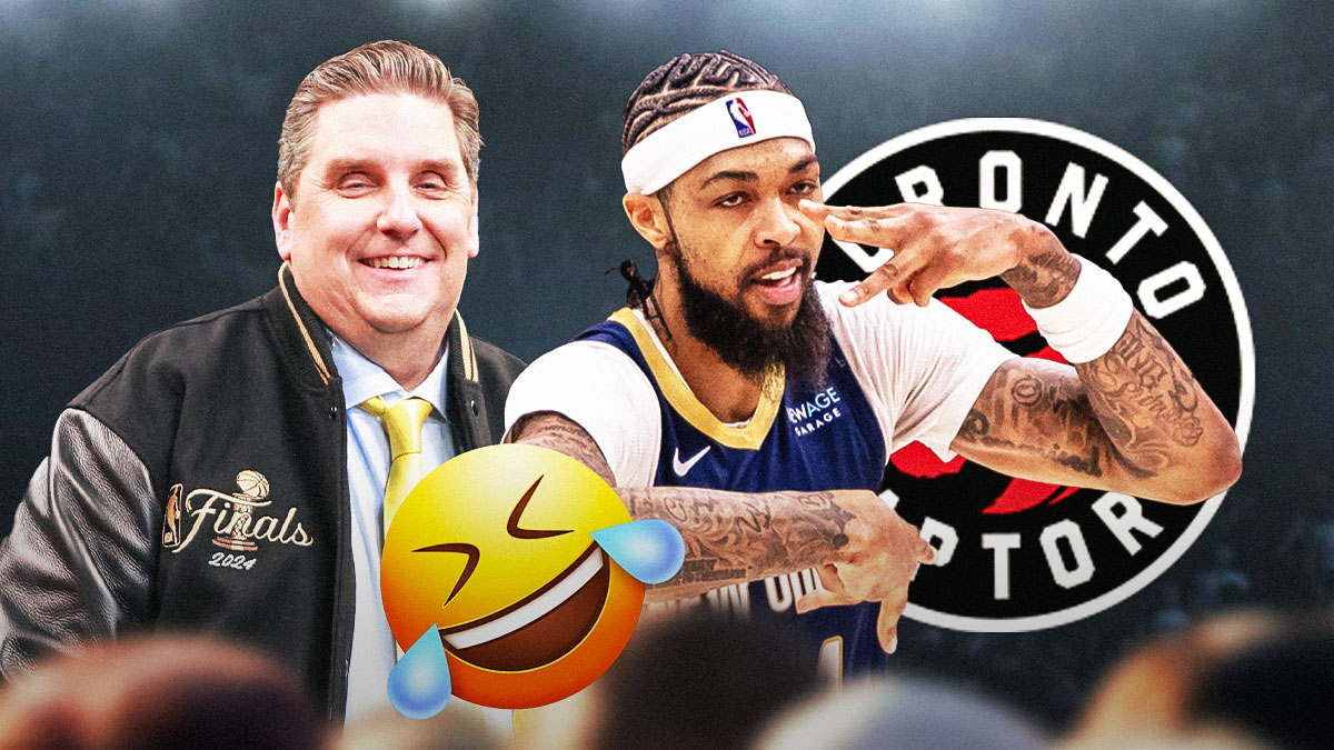 Brian Windhorst and Brandon Ingram, Toronto Raptors logo, laughing symbols