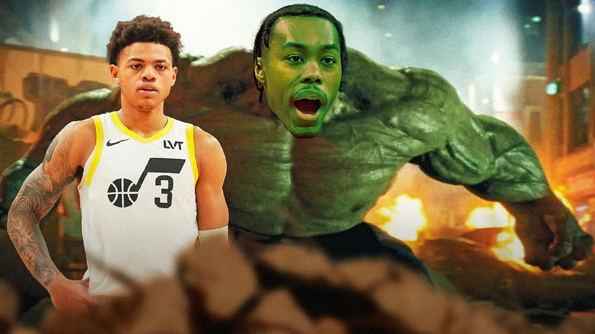 Raptors' Scottie Barnes as the Hulk towering over Jazz's Keyonte George