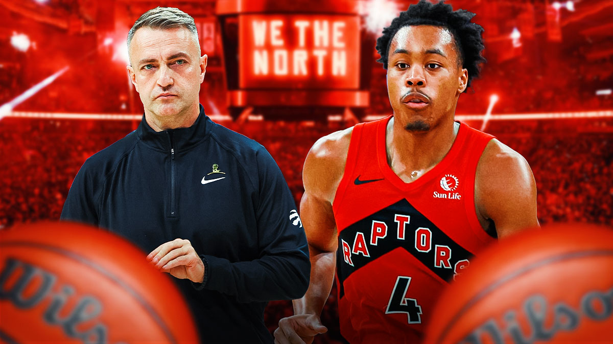 Toronto Raptors coach Darko Rajakovic alongside Toronto Raptors player Scottie Barnes. Have the Raptors arena in the background