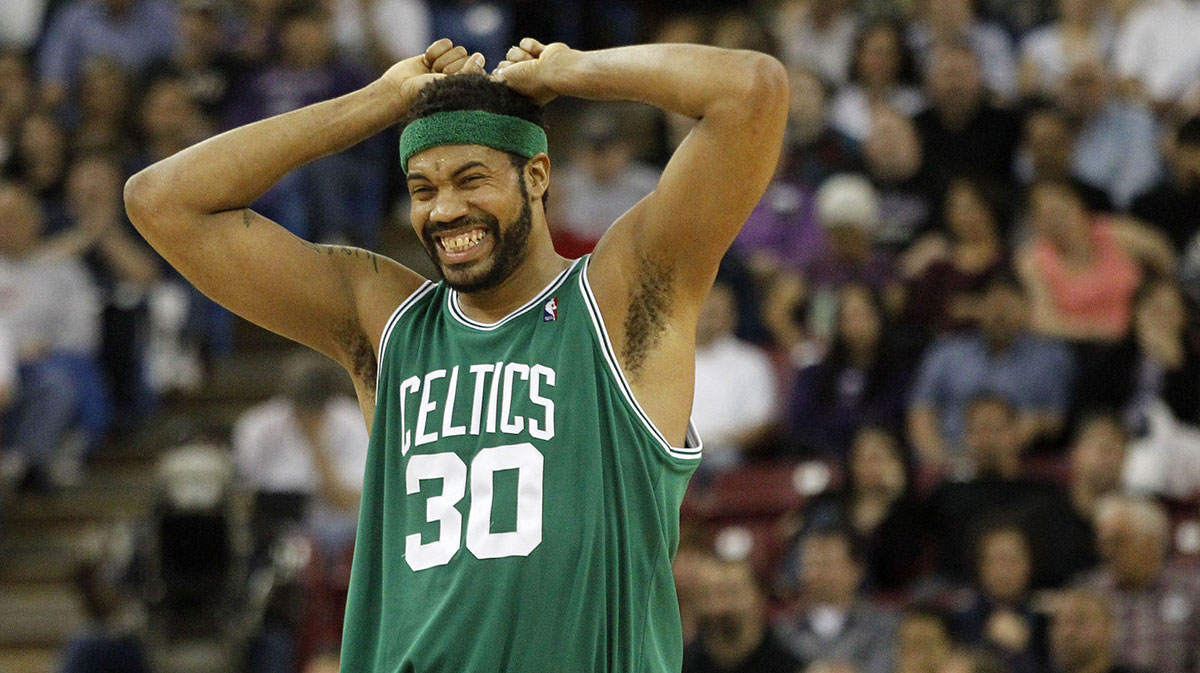 Boston Celtics forward Rasheed Wallace (30) reacts to a missed shot against the Sacramento Kings in the second half at Arco Arena. The Celtics defeated the Kings 95-92.