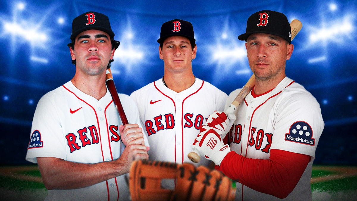 Alex Bregman in a Boston Red Sox uniform and Boston prospects Roman Anthony and Marcelo Mayer in Rex Sox uniforms as bregman builds a relationship with red sox prospects during spring training.