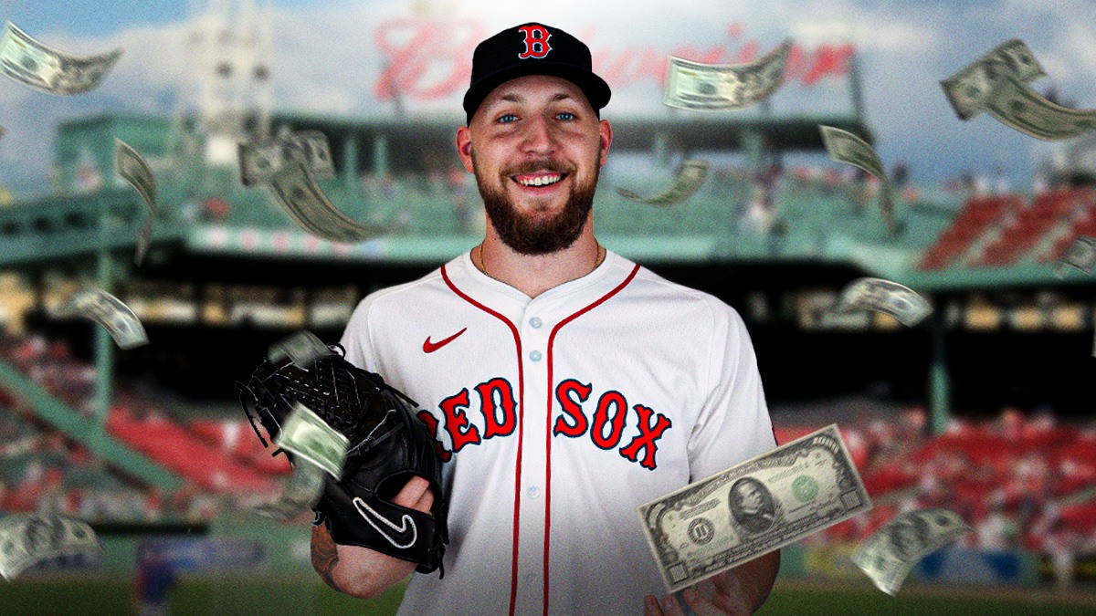 Garrett Crochet, Garrett Crochet extension, Garrett Crochet contract, Garrett Crochet Red Sox, Red Sox, Boston Red Sox star Garrett Crochet with $1000 bills falling around him. Fenway Park as the background image.
