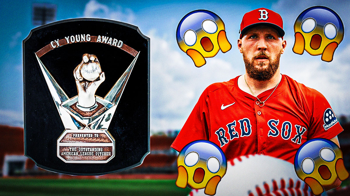 Garrett Crochet on one side in a Boston Red Sox uniform (if he isn't already), the Cy Young trophy on the other side, a bunch of shocked emojis around him