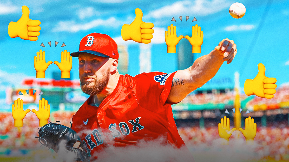 Garrett Crochet in a Boston Red Sox uniform pitching with raising hands emojis and thumbs up emojis as Crochet is enjoying spring training with the red sox and new teammate alex bregman.