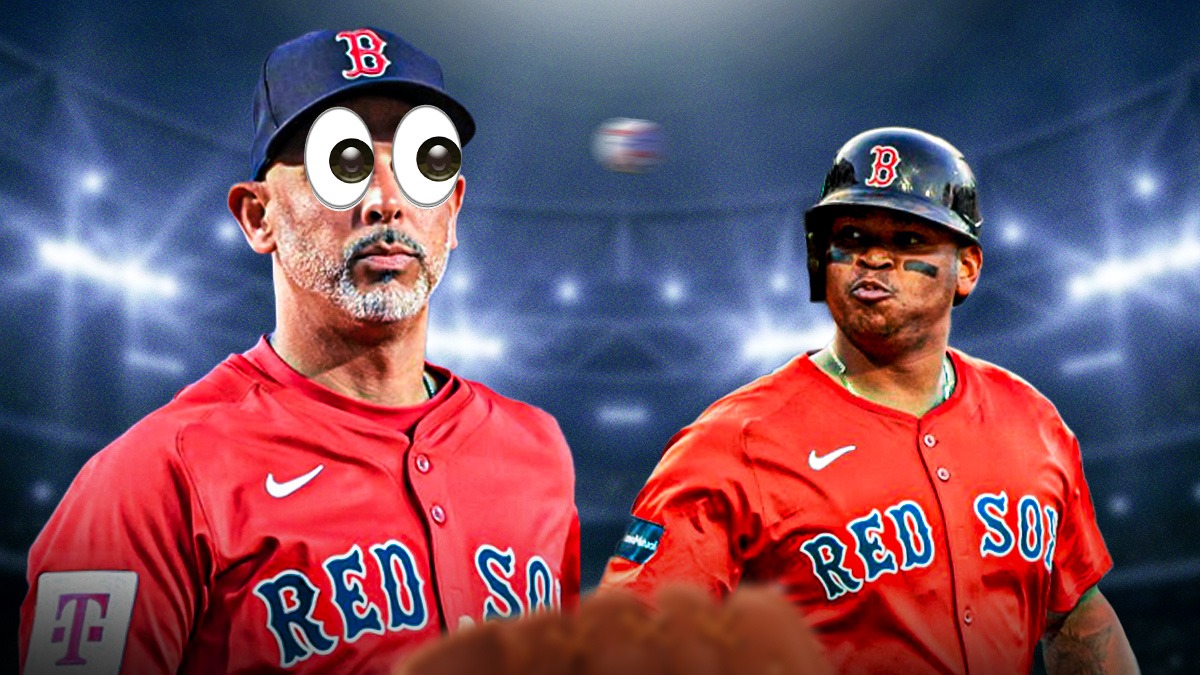 Red Sox manager Alex Cora with big cartoon eyes looking at Rafael Devers in a Red Sox uniform