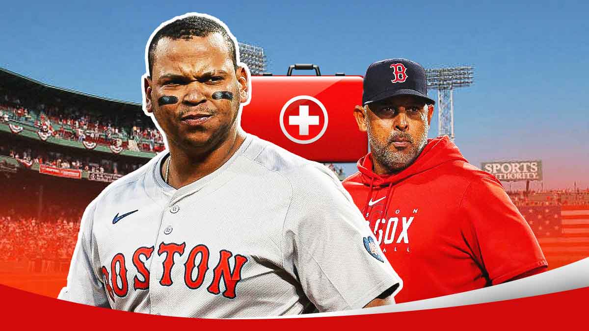 Rafael Devers in a Boston Red Sox uniform and Red Sox manager Alex Cora with red and white first aid symbol as Devers is pushing back spring training debut amid Alex Bregman third base concerns.