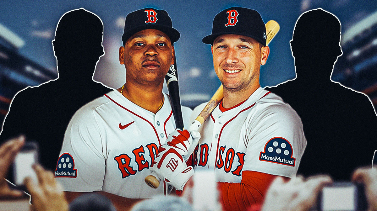 Rafael Devers and Alex Bregman in the middle, a silhouette of a baseball player on both sides of them