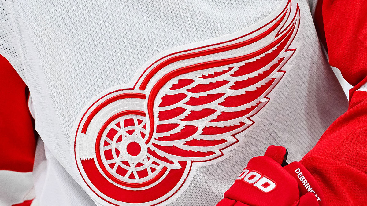 View of a Detroit Red Wings logo on a jersey worn by a member of the team during warm-up before the game against the Montreal Canadiens at Bell Centre.