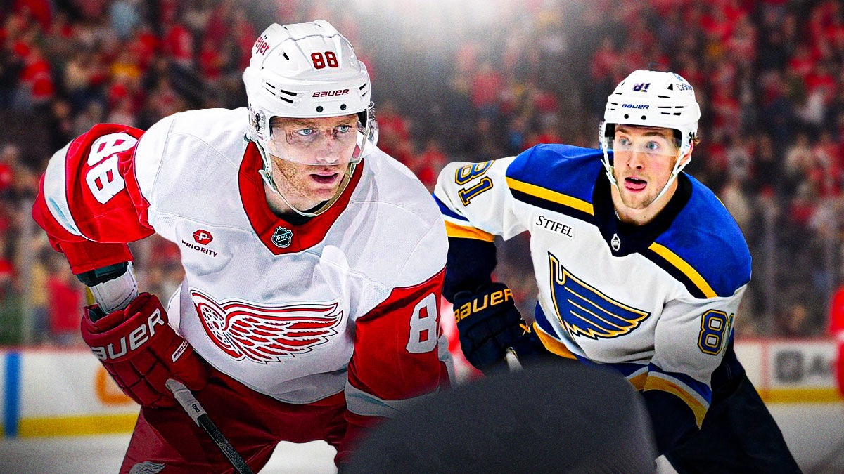Red Wings star Patrick Kane with Blues star Dylan Holloway at Little Caesars Arena.