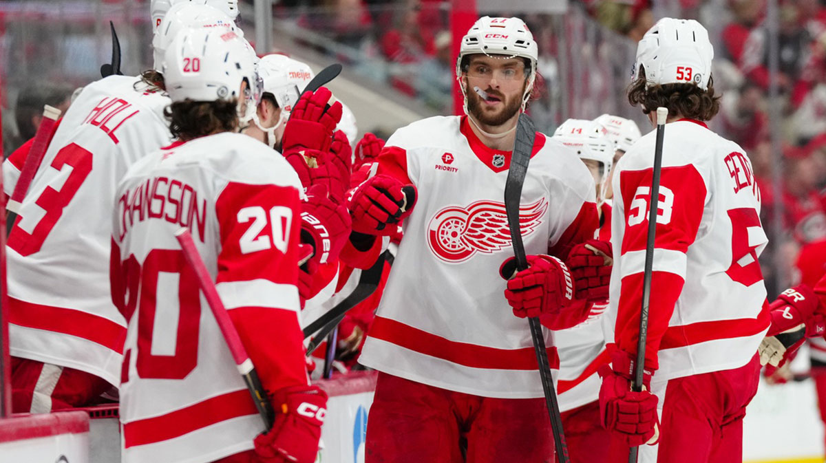 Detroit Red Wings center Michael Rasmussen (27) celebrates his goal against the Carolina Hurricanes during the third period at Lenovo Center.