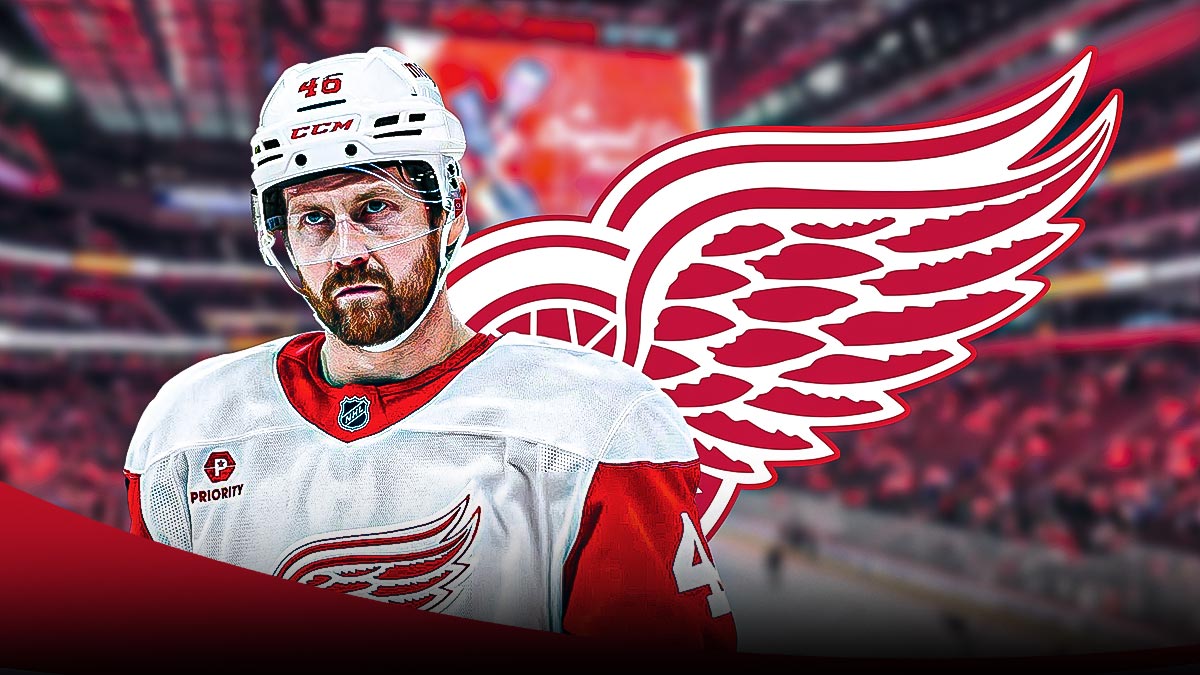 Red Wings logo behind defenseman Jeff Petry.