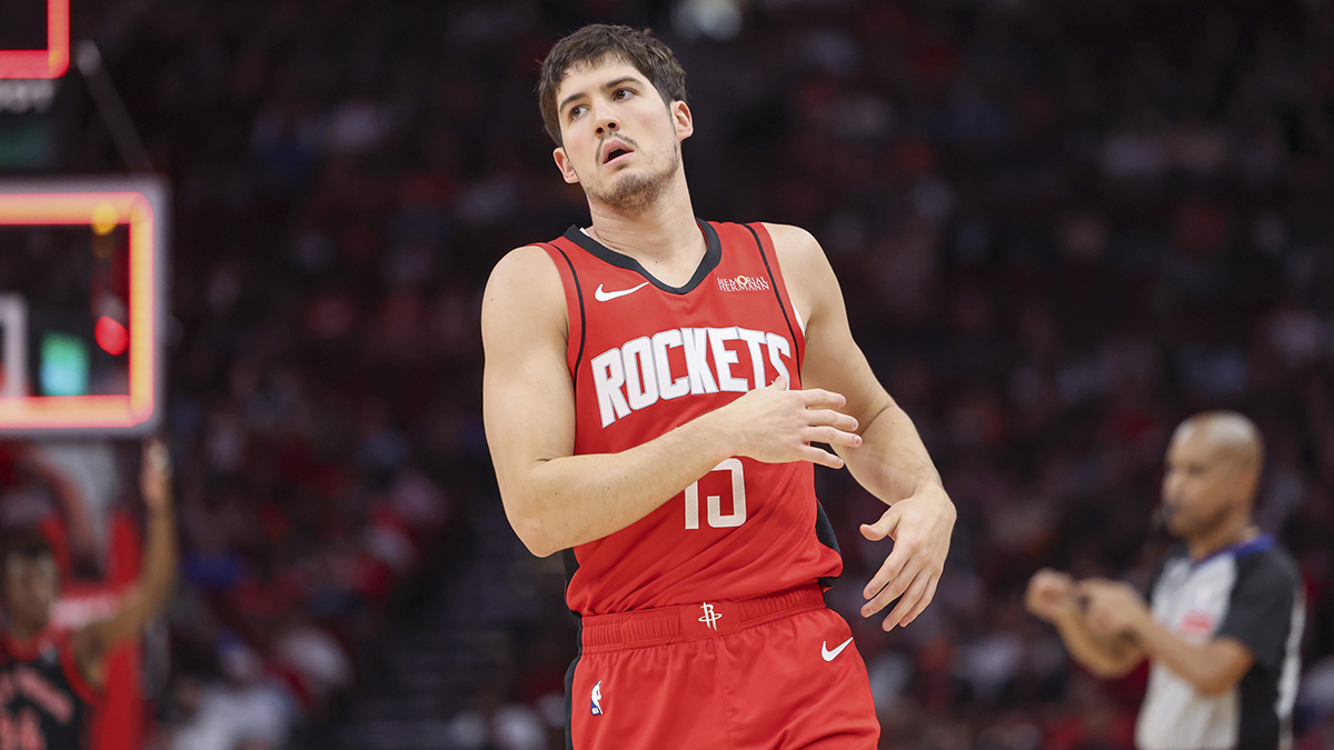 Houston Rockets guard Reed Sheppard (15) reacts after a play during the game against the Toronto Raptors at Toyota Center.