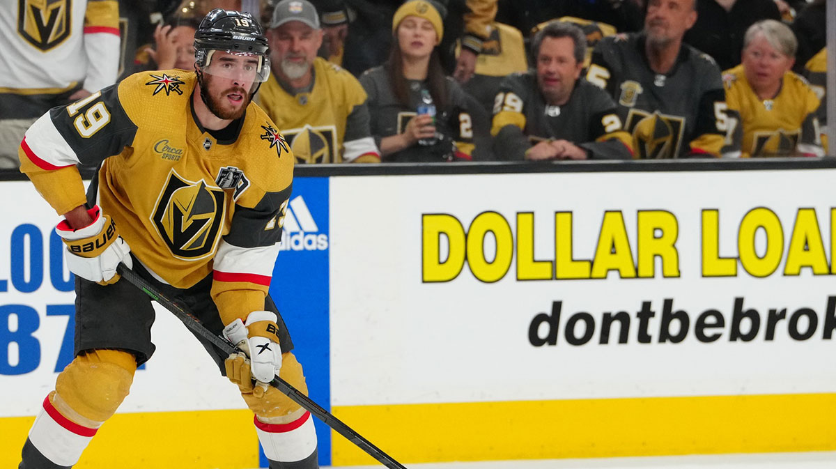 Vegas Golden Knights forward Reilly Smith (19) skates with the puck during the second period against the Florida Panthers in game five of the 2023 Stanley Cup Final at T-Mobile Arena.