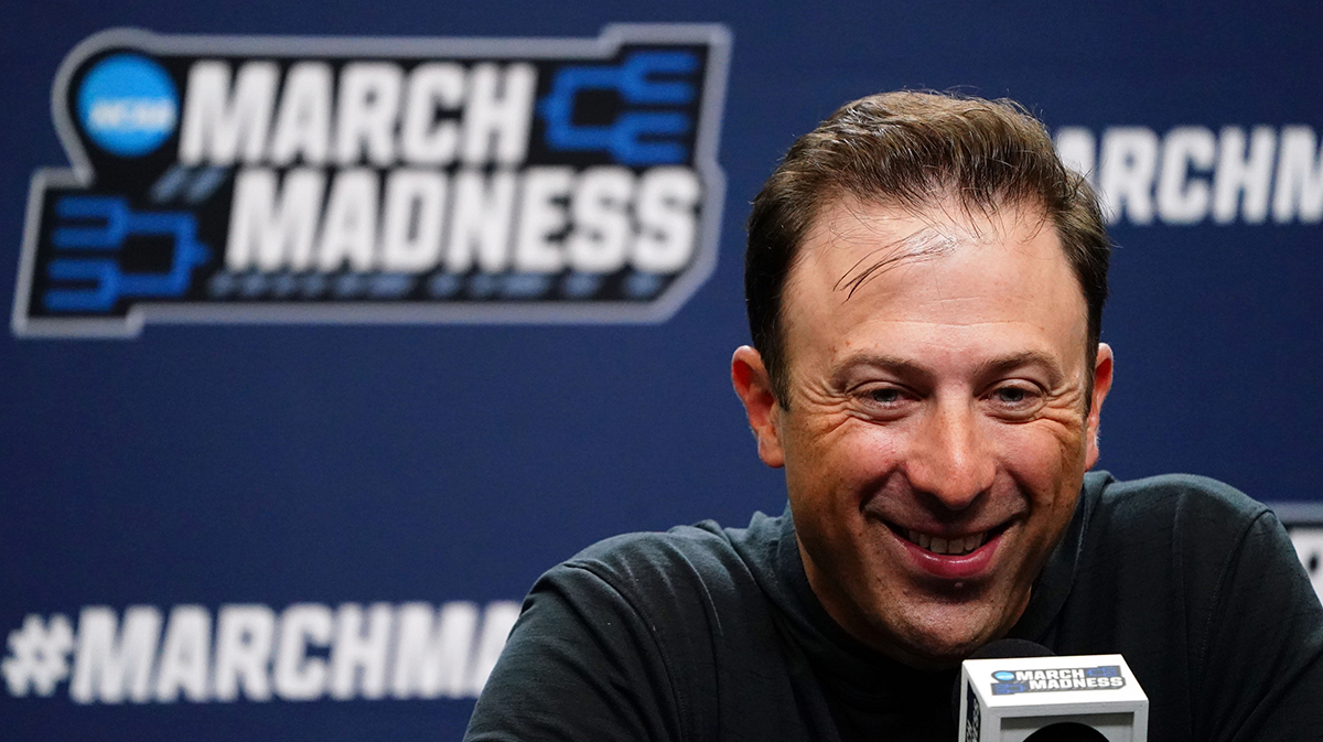 New Mexico Lobos head coach Richard Pitino speaks with the media during a press conference for the First and Second rounds of the 2024 NCAA Mens Basketball Championship at FedExForum