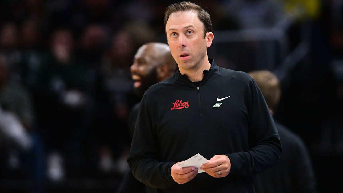 New Mexico Lobos head coach Richard Pitino reacts in the first half against the Michigan State Spartans during the NCAA Tournament Second Round at Rocket Arena.
