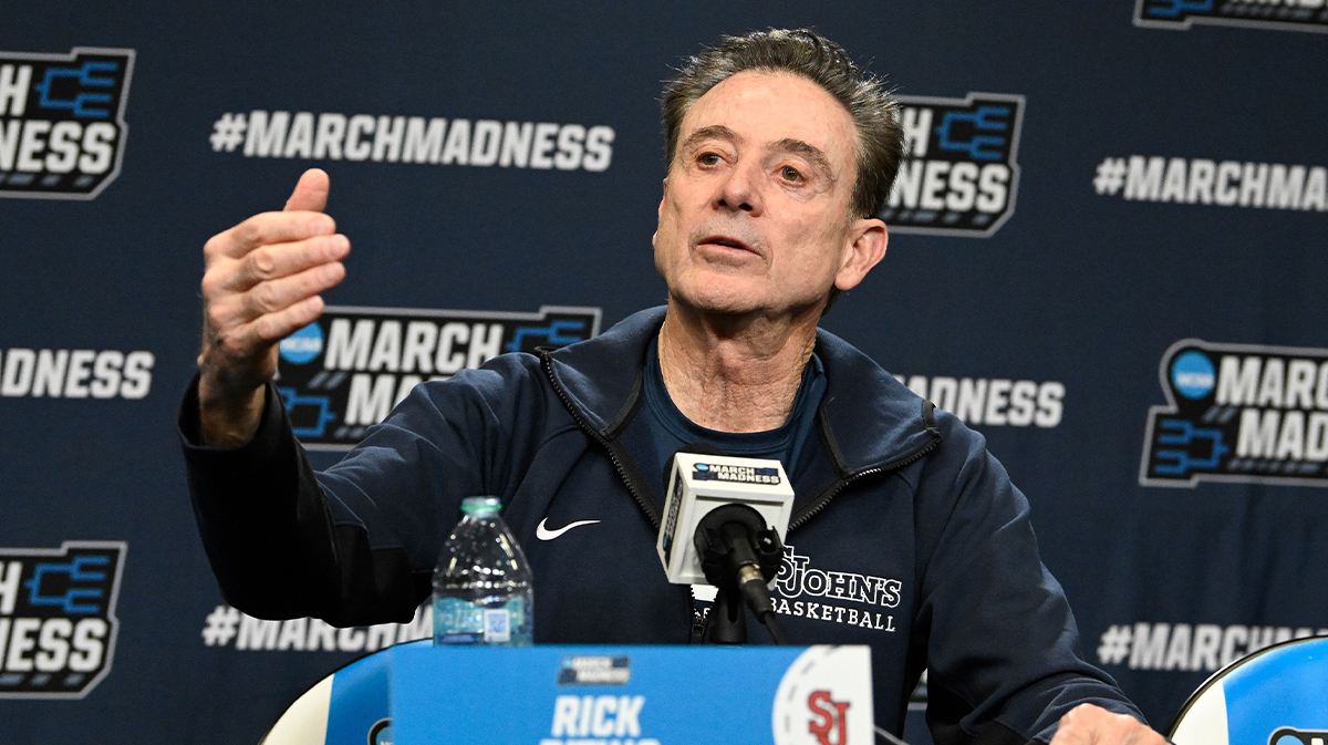 St. John's Red Storm head coach Rick Pitino speaks to the media during a press conference at Amica Mutual Pavilion.